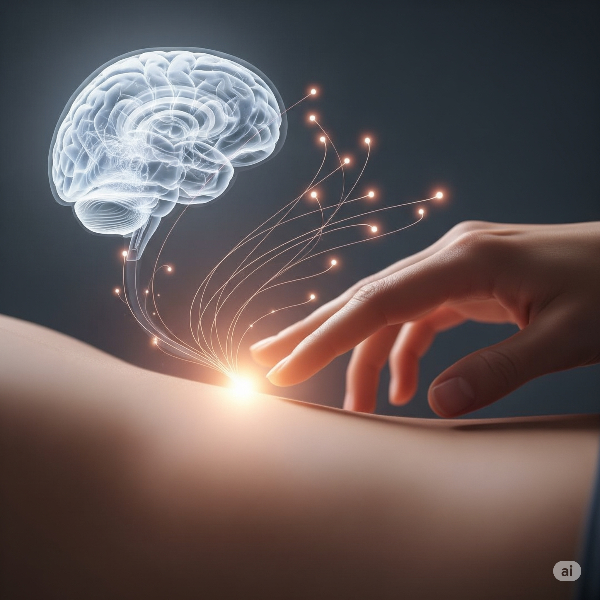 Uma mão toca suavemente a pele, com linhas luminosas sutis conectando o ponto de contato ao cérebro, ilustrando a conexão mente-corpo no prazer. A imagem transmite ternura, autodescoberta e um senso de despertar.