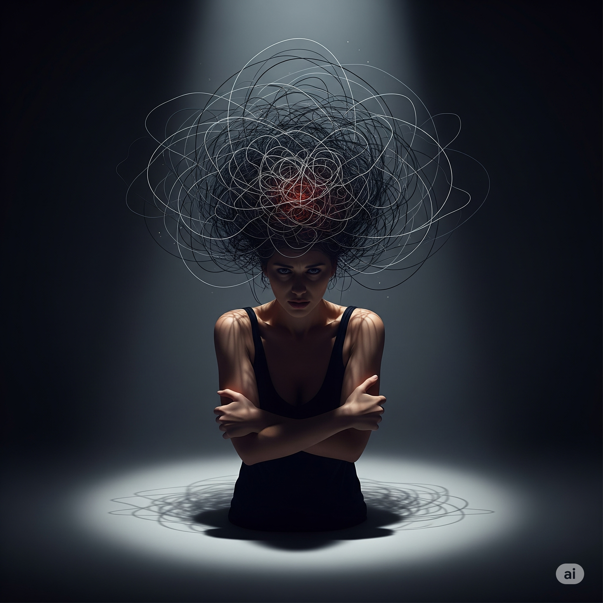 A mente de uma mulher em turbilhão, representada por linhas caóticas e escuras girando ao redor de sua cabeça, enquanto seu corpo abaixo está tenso e retraído, simbolizando uma ansiedade afetando o prazer. O clima geral é de luta interna.